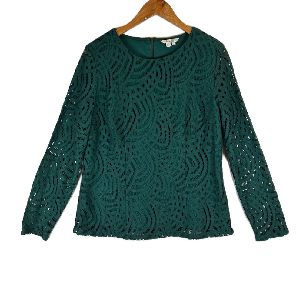Boden Lace Overlay Long Sleeve Top Green US 10 UK 14 Sheath‎ Back Zip